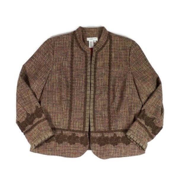 Coldwater Creek Brown Plaid Tweed Hook Front Long Sleeve Peplum Jacket PXL - Picture 7 of 16